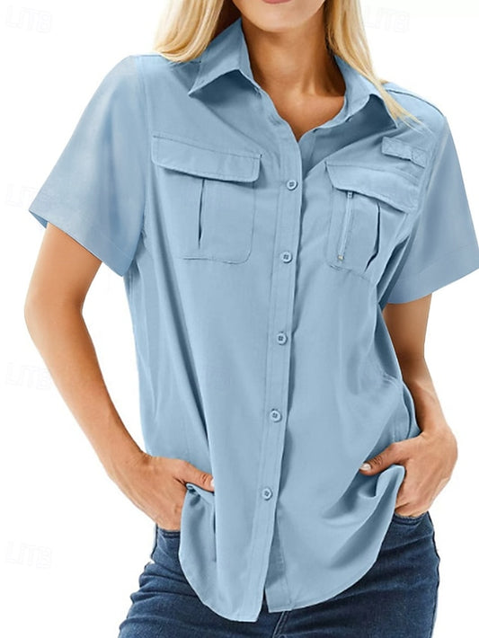 Women's Shirt Blouse Pocket Buttons Plain Casual Short