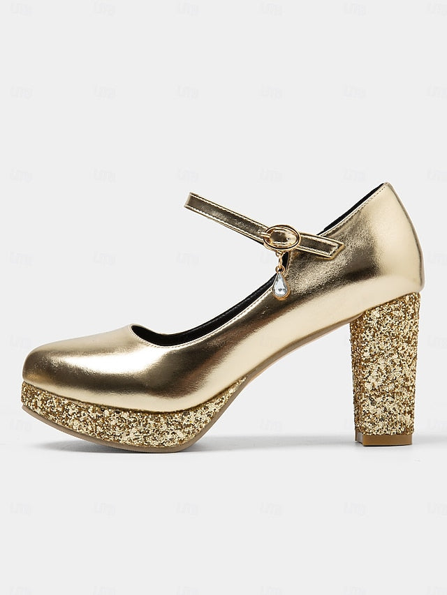 Women's Gold Sparkly Heel Pumps Jane Block Mary – Glitter