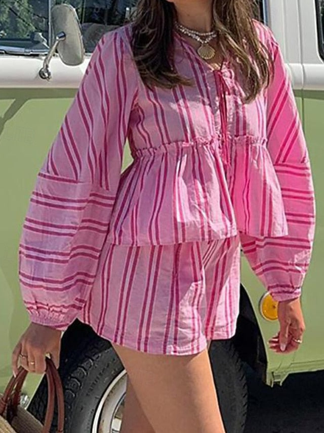Women's Cotton Linen Shirts Blouse Shorts Sets Long Sleeve