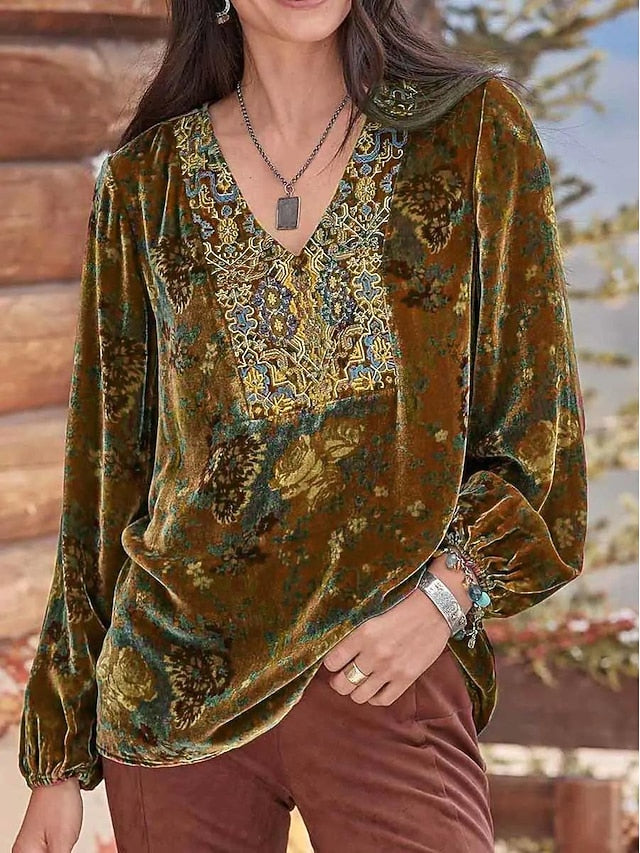 Women's Shirt Boho Shirt Blouse Velvet Basic Floral Print