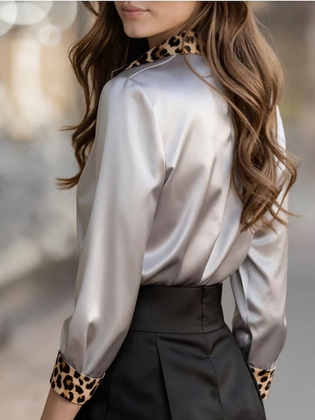 Women's Satin Shirt Dress Shirt Blouse Patchwork Buttons