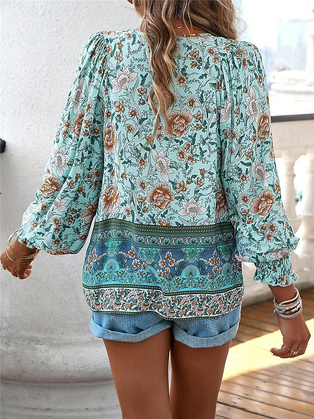 Women's Shirt Blouse Casual Boho Floral Lace up Print Long