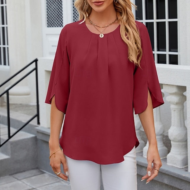 Women's Shirt Blouse Chiffon Tops Ruched Plain Stylish