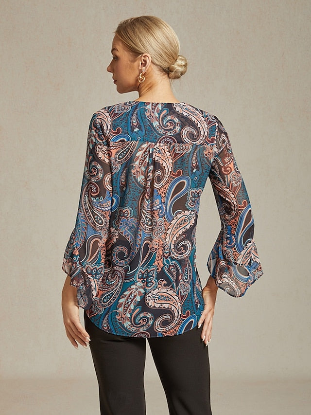 Women's Paisley Print Chiffon Peasant Top Lantern Sleeve