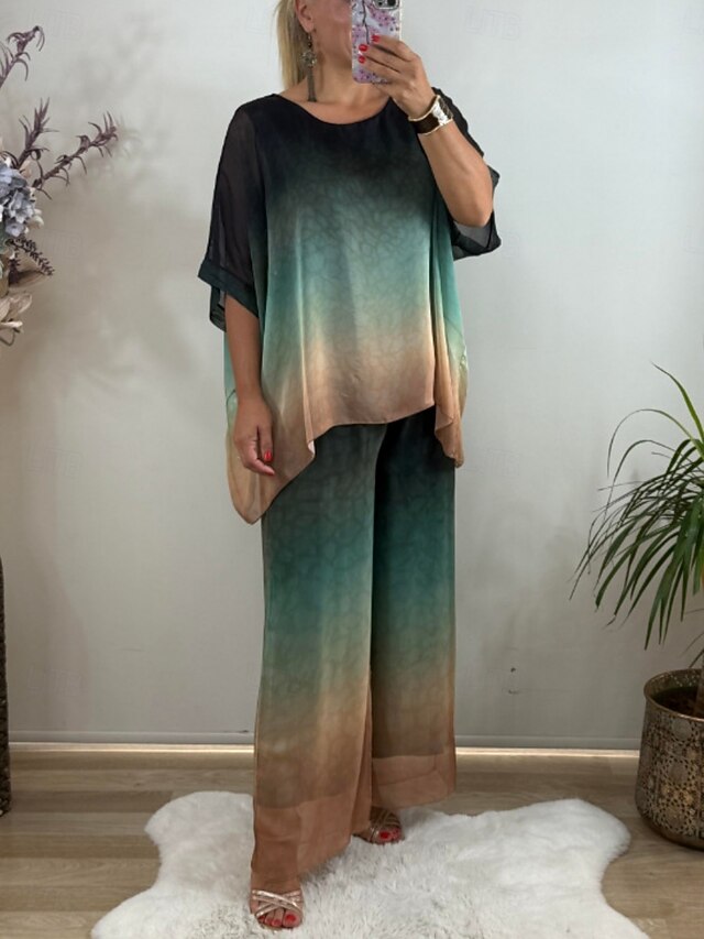 Women's Pants Sets 3/4 Length Sleeve Crew Neck Gradient