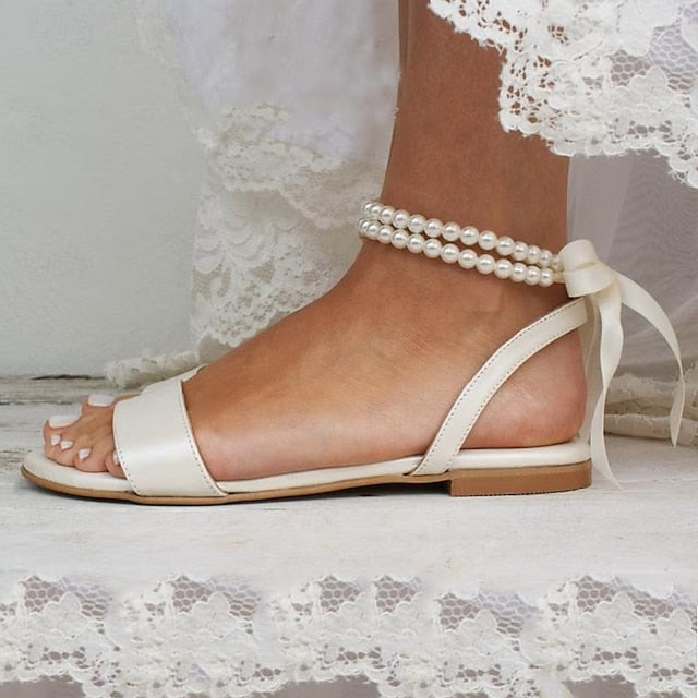 Flat with Ankle – Strap Pearl Women's Sandals White