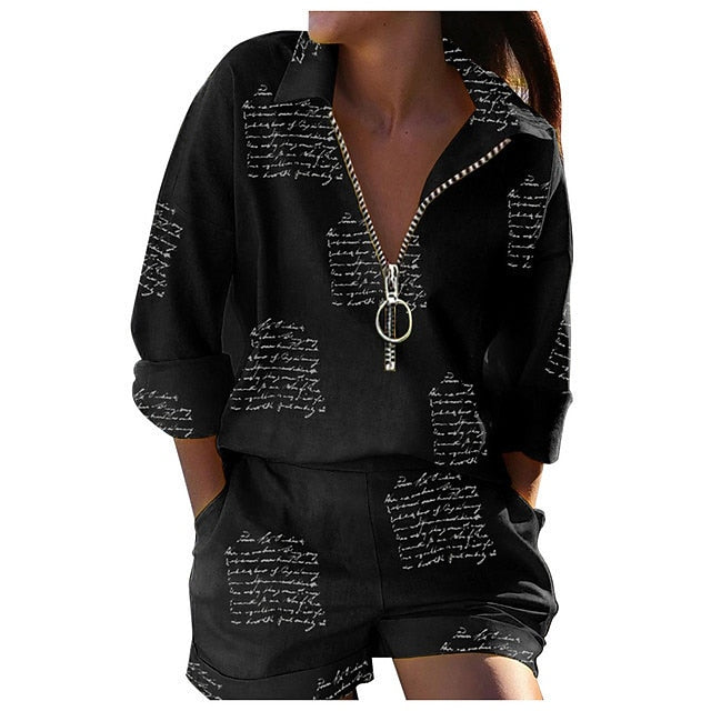 Women's Shirt Shorts Sets Baggy Shorts Long Sleeve Shirt
