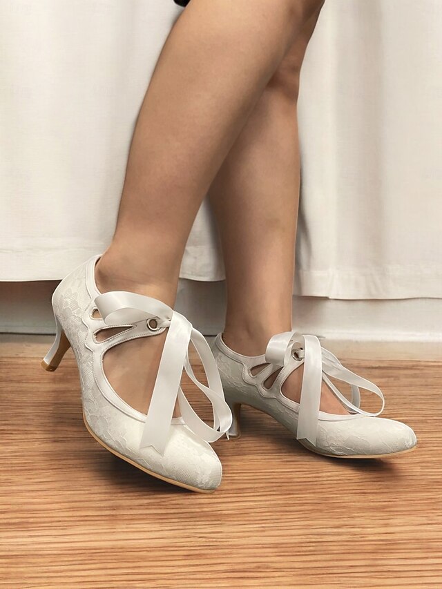 Pumps Elegant - Bridal Lace Satin White with Ribbon Vintage Ties