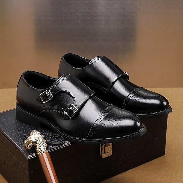 Men's Monk Leather with Strap Brown Faux Double Shoes