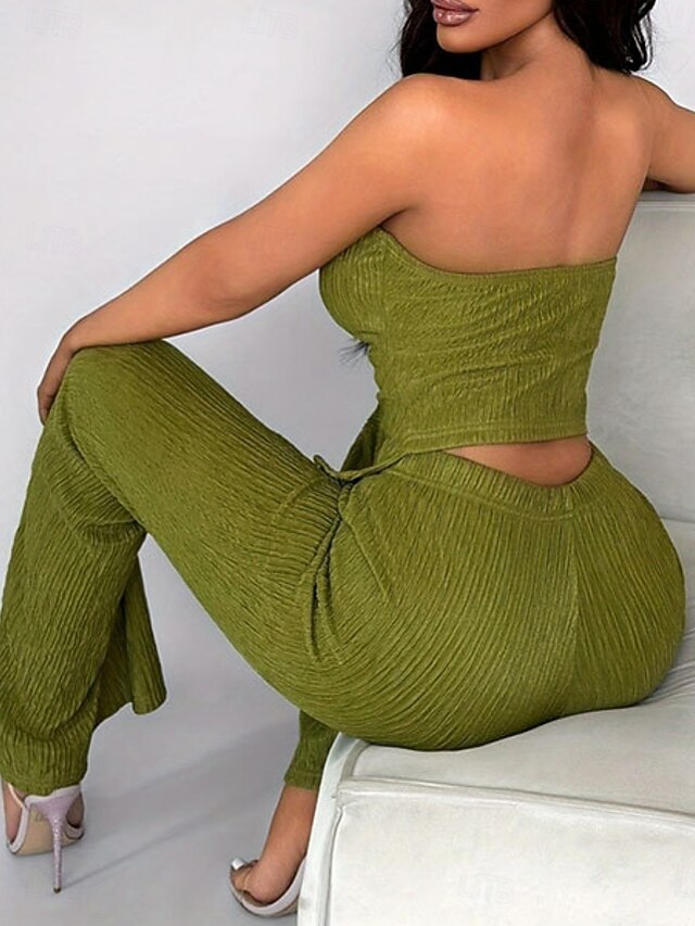 Women's Tube Top Pants Sets Sleeveless Solid Color Ruched