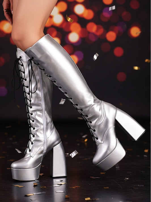 High Platform Silver Boots Metallic Knee Women's Lace-Up -