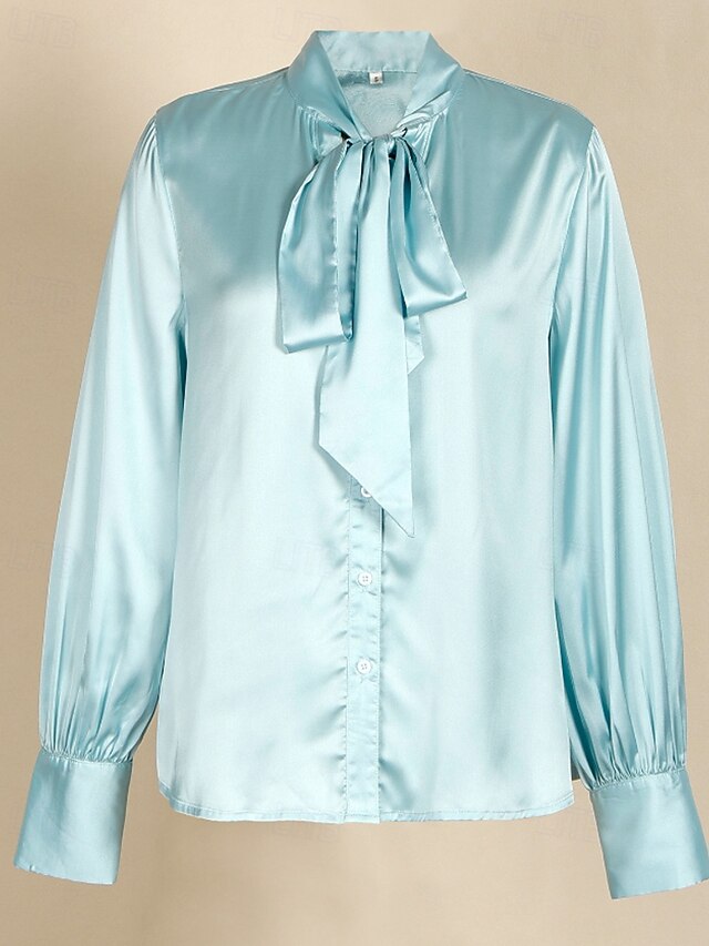 Women's Shirt Elegant Satin Top Blouse Buttons Bow Plain