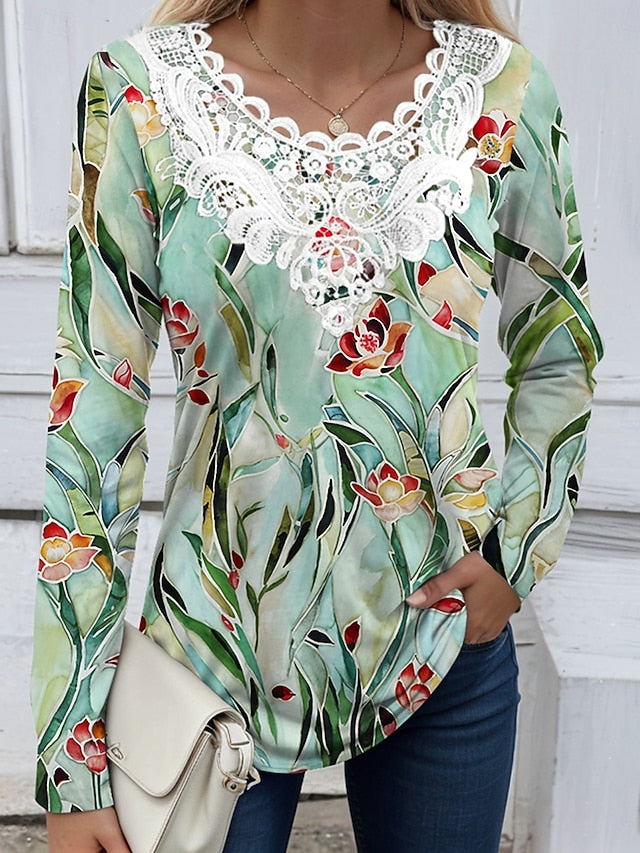 Women's Blouse Tunic Lace Splicing V Neck Long Sleeve