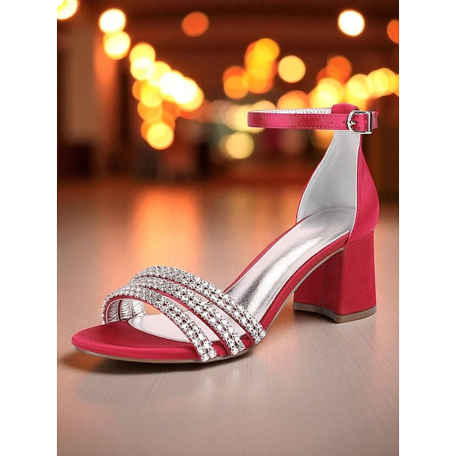 Heel Rhinestone Purple Women's Sandals with Block Satin