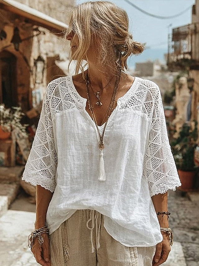 Women's Blouse Crochet Solid Color Stylish Casual 3/4