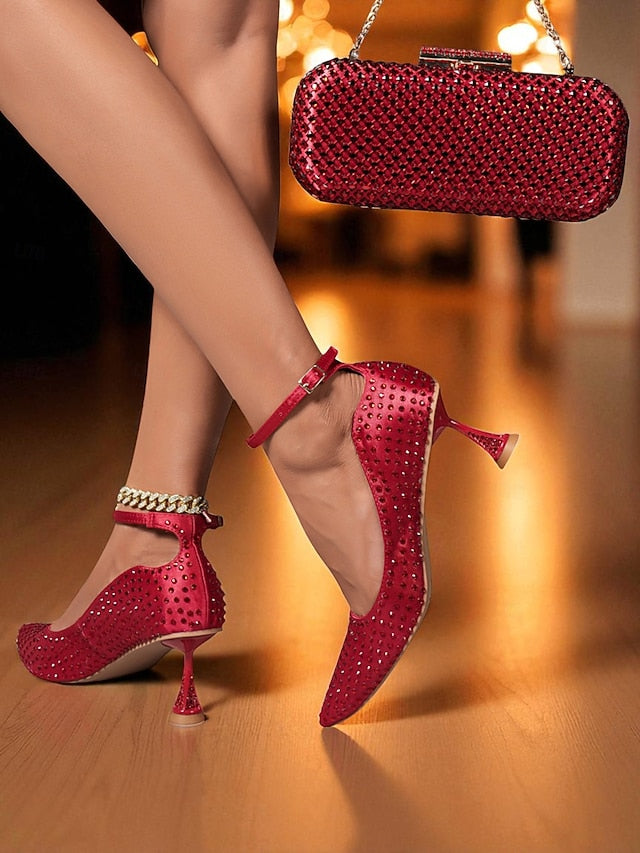 and Women's Set Green Matching Heels Bag Rhinestone Clutch