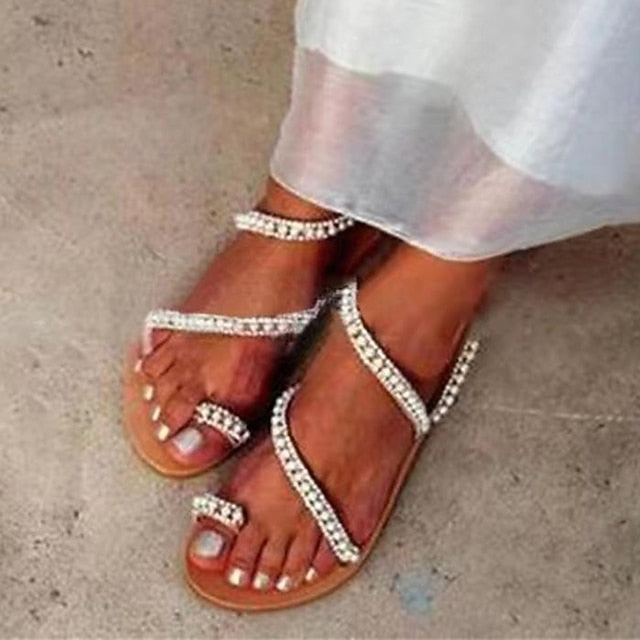 Sandals Flat Pearl-Embellished Strappy Elegant Women's –