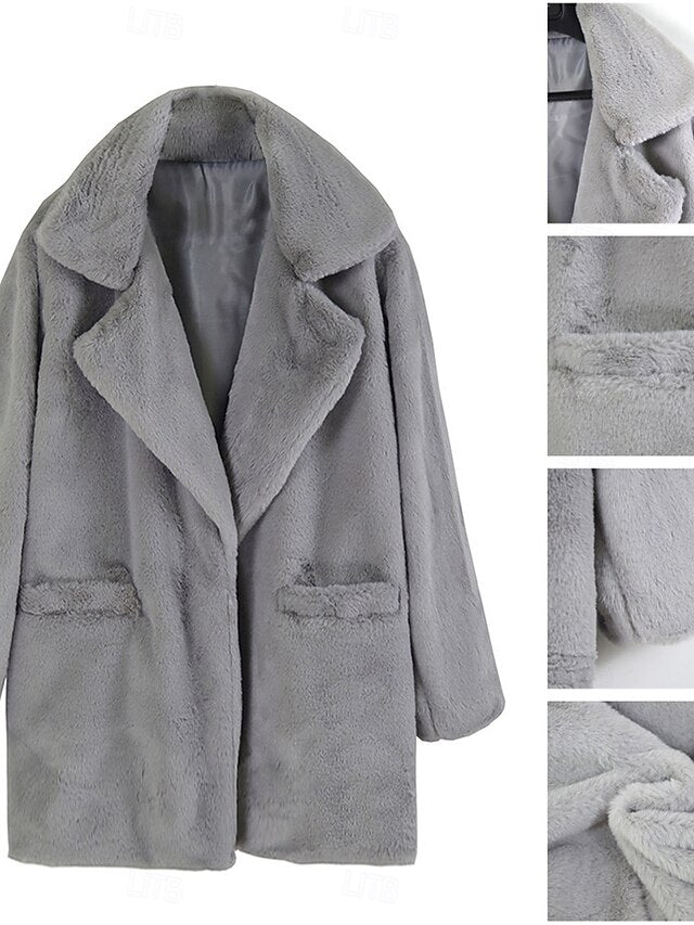 Breathable Fur Faux Women's Pocket Fleece Lined Coat Warm