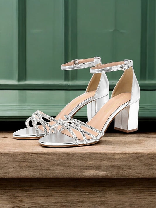 Silver Strappy Metallic Block Sandals with Heel Rhinestone