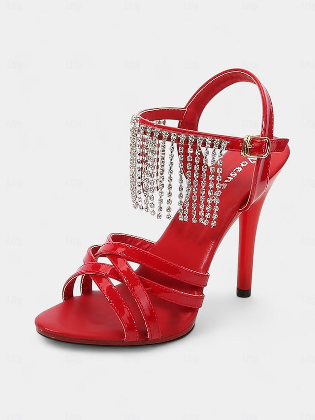 Leather Rhinestone Women's Stiletto Red Patent with Sandals