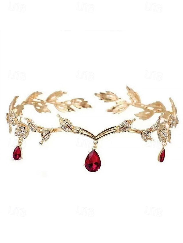 – Headpiece Leaf Blue Drops with Vintage Gold Gemstone