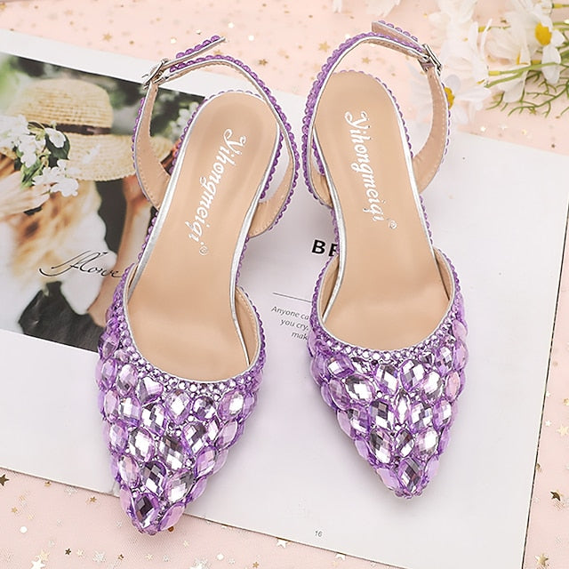 Women's Slingback Crystal Pointed-Toe Heels Rhinestone High