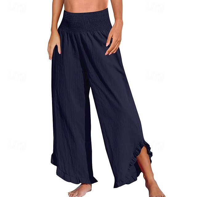 Women's Cotton Linen Pants Culottes Wide Leg Slacks Fashion
