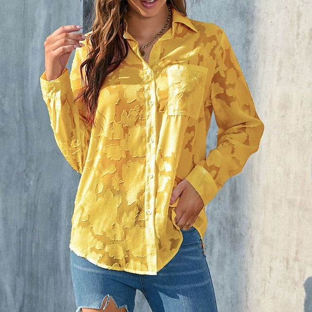 Women's Shirt Blouse Chiffon Tops Pocket 3D Print Buttons