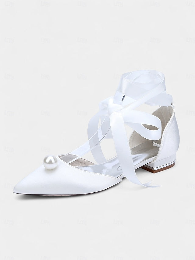 Embellished Flats Pointed Navy Toe Pearl - Women's Satin