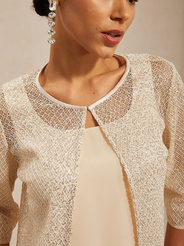Women's Shirt Tank Top Twinset Lace Sequins Mesh Chiffon
