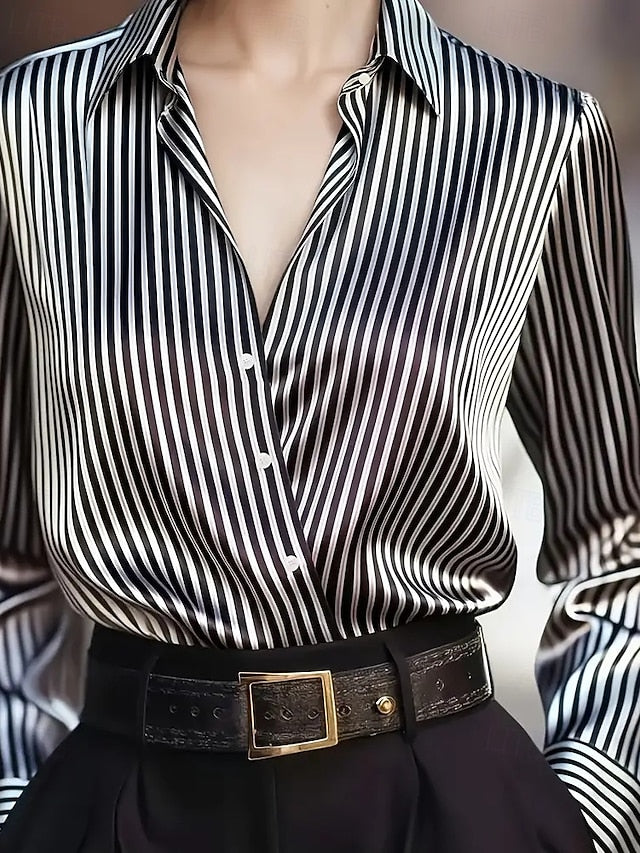 Women's Shirt Elegant Dressy Satin Top Buttons Striped