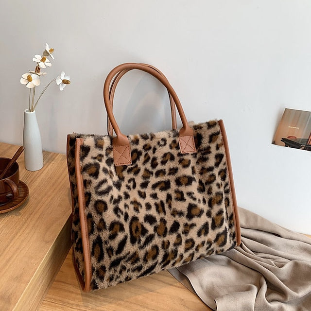 Brown Bag Leather Fur with Women's Print Faux Tote Leopard