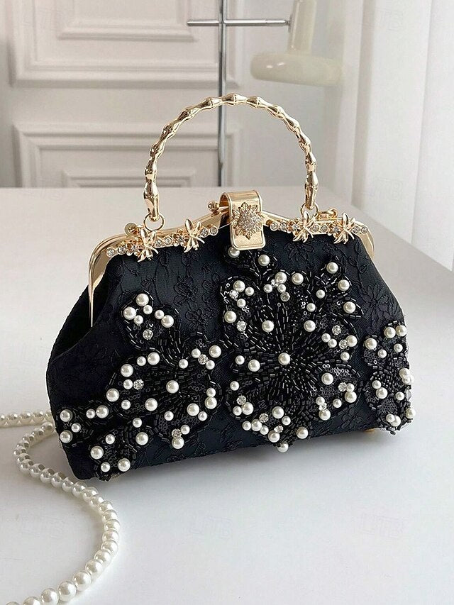 and Lace Floral Handbag Pearl with Evening White Elegant