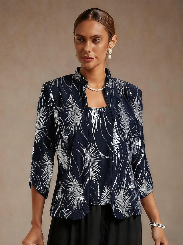 Women's Sequin Tops Twinset Sequins Feather Elegant 3/4
