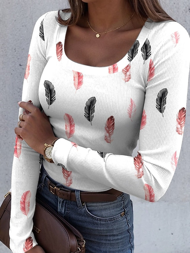 Women's T shirt Long Sleeve Ribbed Graphic Square Neck Long