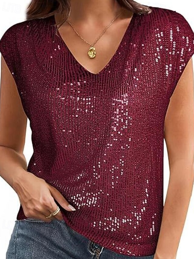 Women's T Shirt Tee Top Sequins Solid Color Elegant Fashion