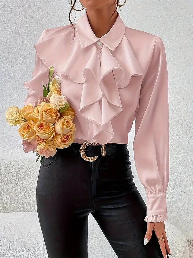 Women's Satin Shirt Dress Shirt Blouse Ruffle Solid Color