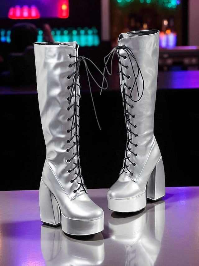 High Platform Silver Boots Metallic Knee Women's Lace-Up -