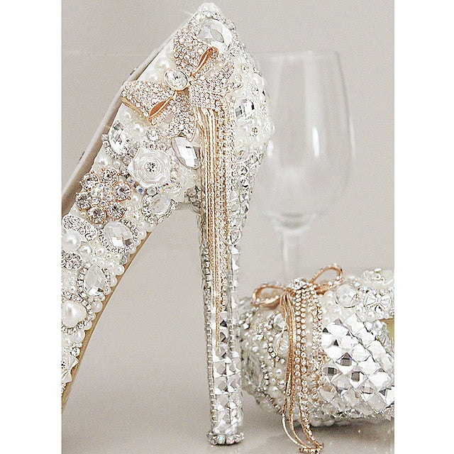 and Embellished Rhinestone Pearl White Platform Women's