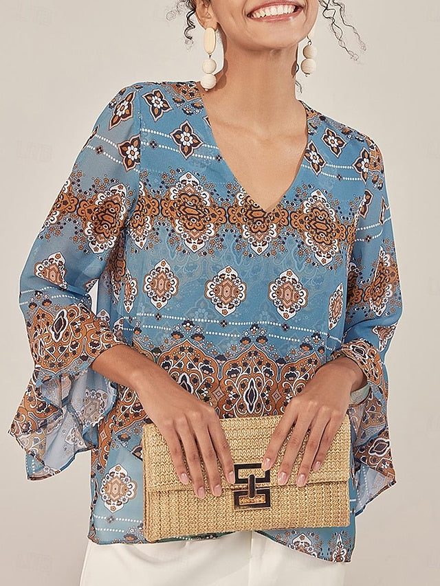Women's Paisley Print Chiffon Peasant Top Lantern Sleeve