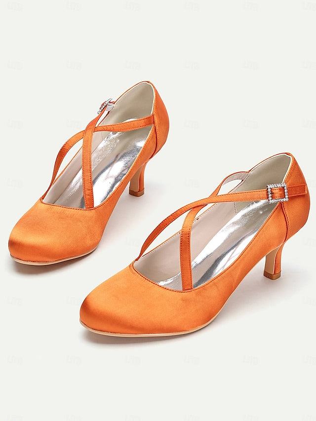Rhinestone with – Cross-Strap Buckle White Elegant Heels Satin