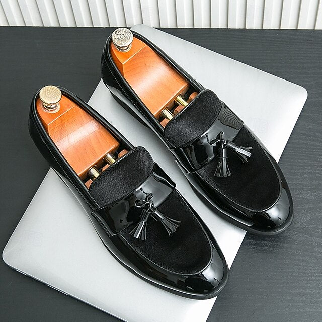 Faux Black Patent Loafers Leather Men's Velvet Tassel –