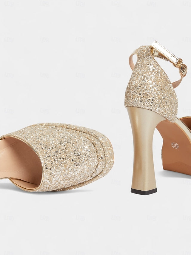 Women's Glitter Heels Platform Gold High