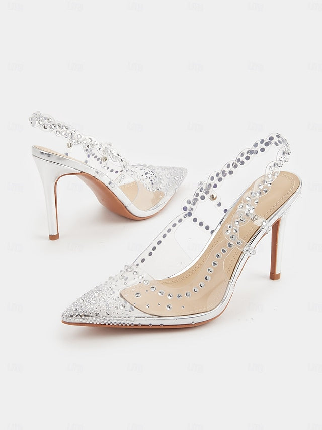 Clear Pointed Slingback with Rhinestone Toe Heels Women's