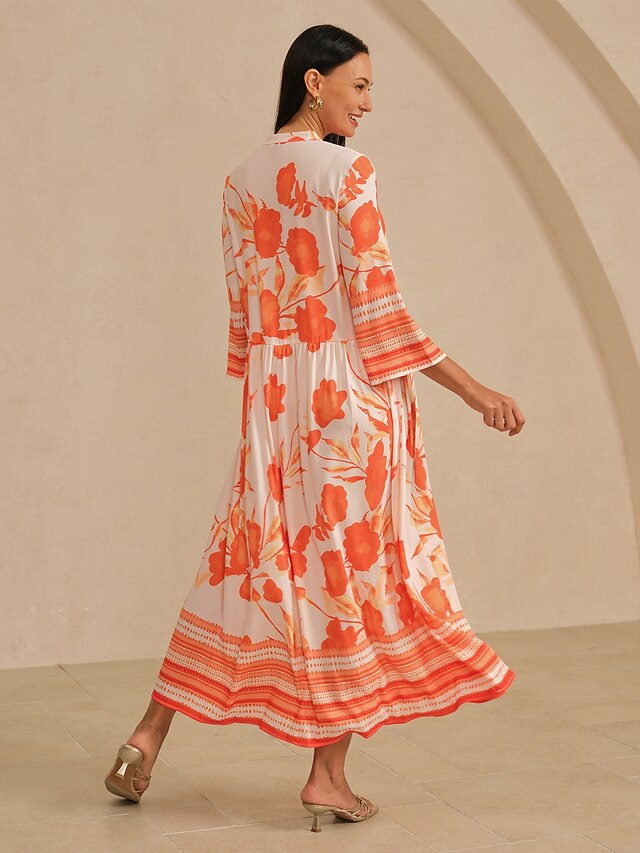 Women's Maxi Dress Orange Satin Loose Fit 3/4 Sleeve V Neck