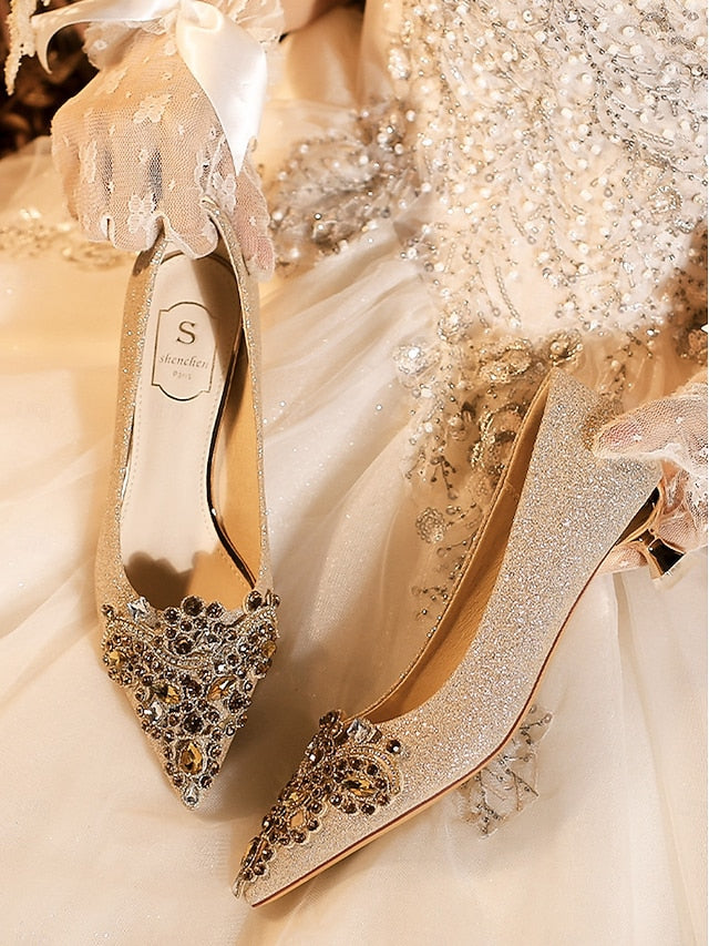 Pointed-Toe Heel Pumps Women's with Gold Glitter Low