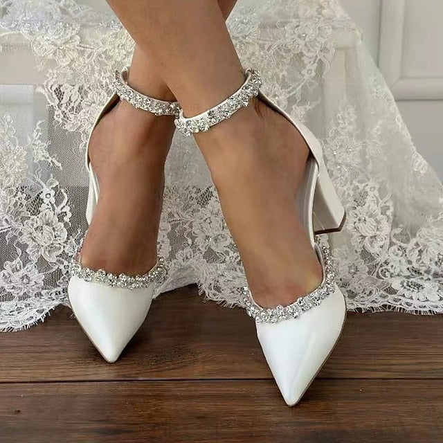 Women's White – Wedding Pointed Block Heel Toe with Shoes