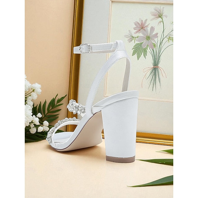 Heel Block White with Women's - Sandals Rhinestone Straps