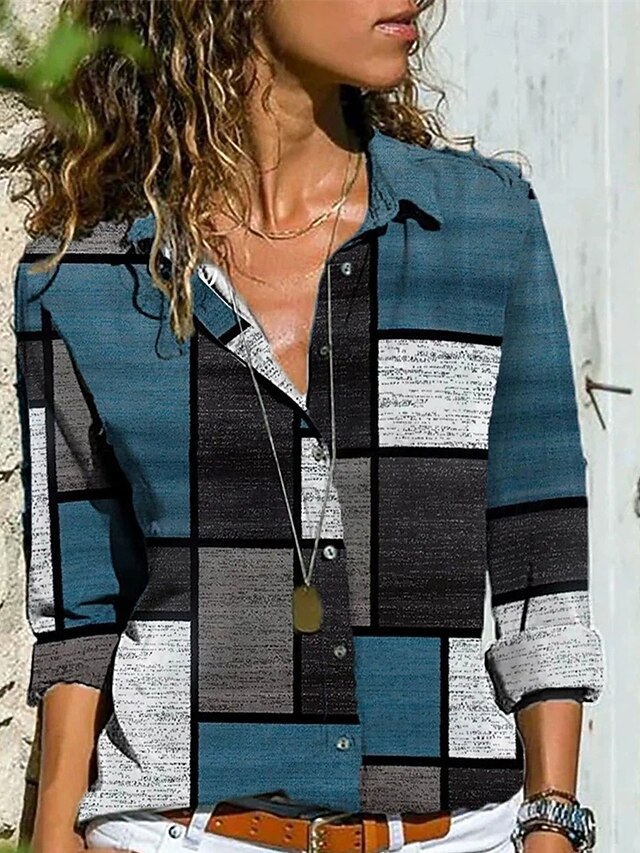 Women's Shirt Blouse Buttons Color Block Modern Casual Long