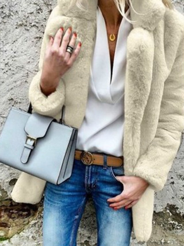 Fur Women's Casual Collar Warm Plain Comfortable Going Coat